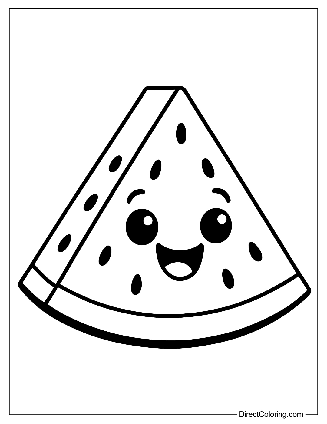 Watermelon slice coloring page with funny faces and round black seeds.